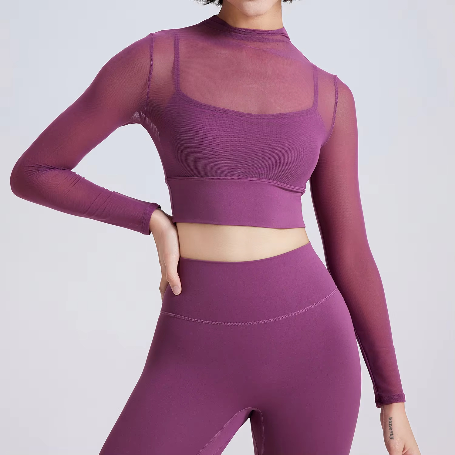 padded yoga crop top, mesh workout shirt, long sleeve gym top, sexy fitness shirt, women’s yoga shirt
