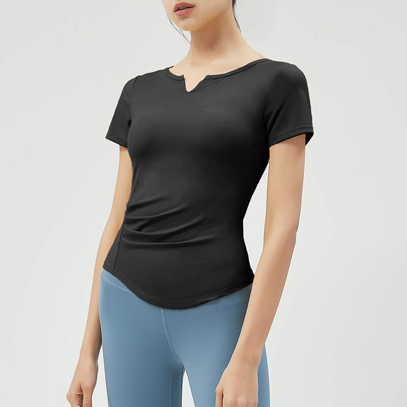 v neck yoga top, padded sports shirt women, nude feel gym shirt, tight fit yoga t-shirt, short sleeve workout top