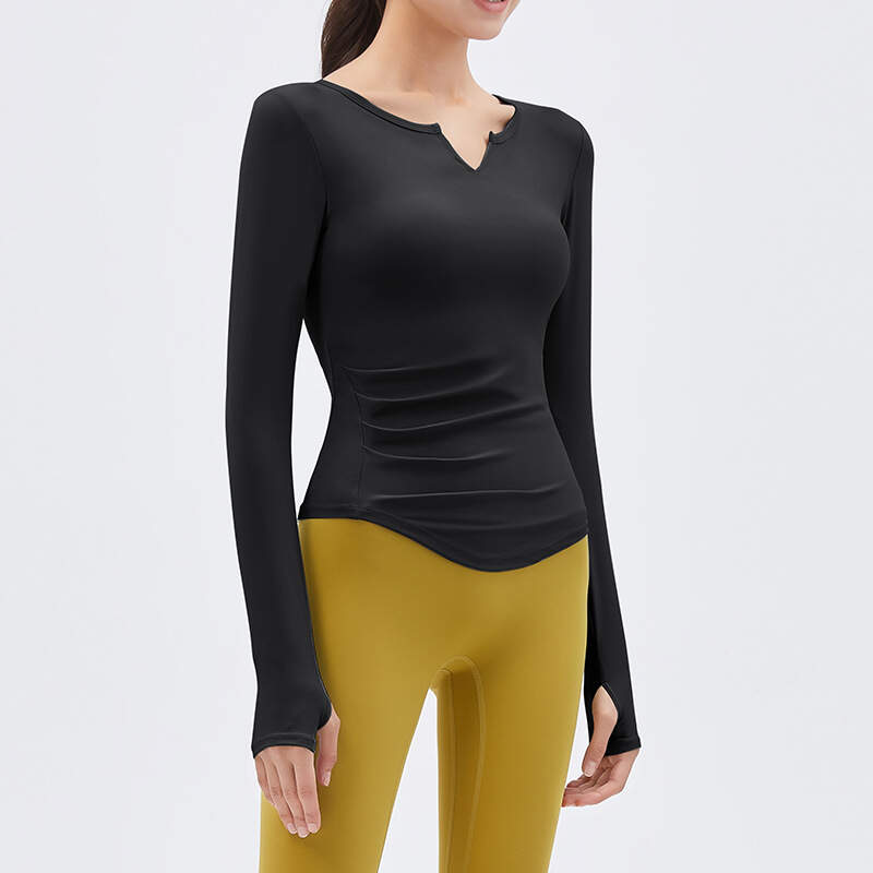 women yoga top long sleeve, V-neck fitness shirt, naked feel workout top, built-in pad yoga shirt, breathable gym tee