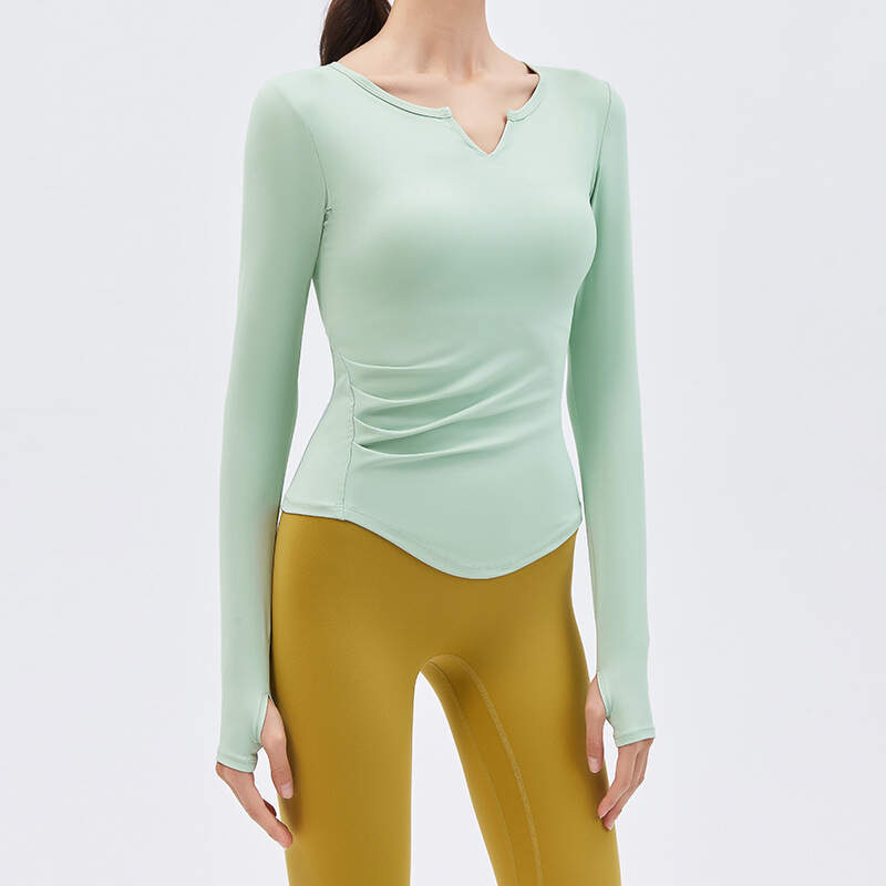 women yoga top long sleeve, V-neck fitness shirt, naked feel workout top, built-in pad yoga shirt, breathable gym tee