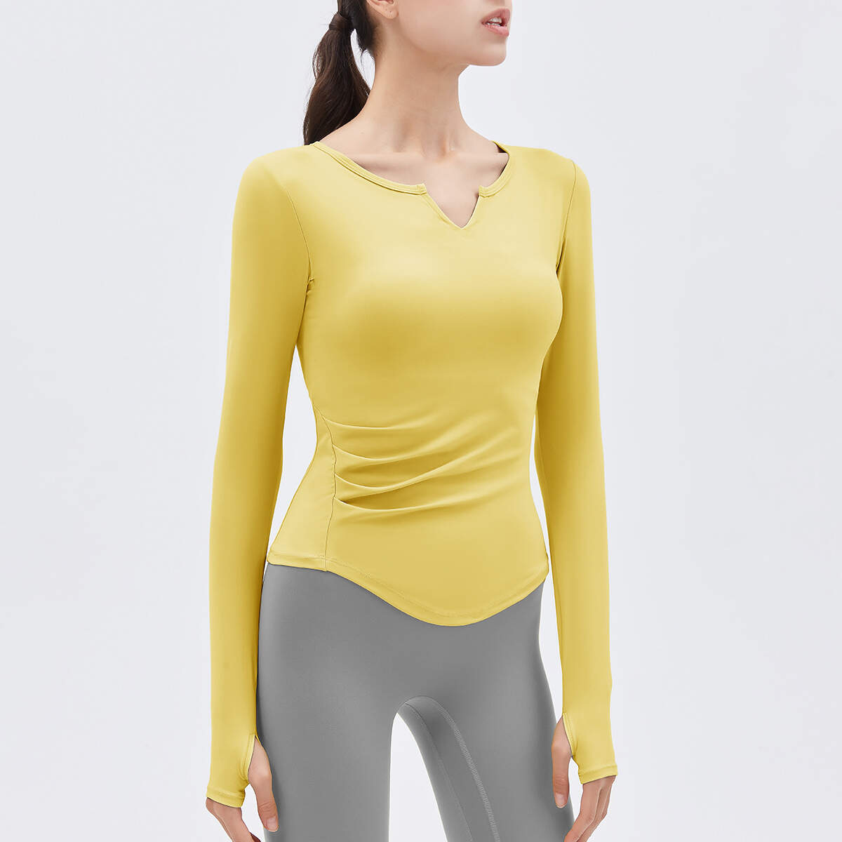 women yoga top long sleeve, V-neck fitness shirt, naked feel workout top, built-in pad yoga shirt, breathable gym tee