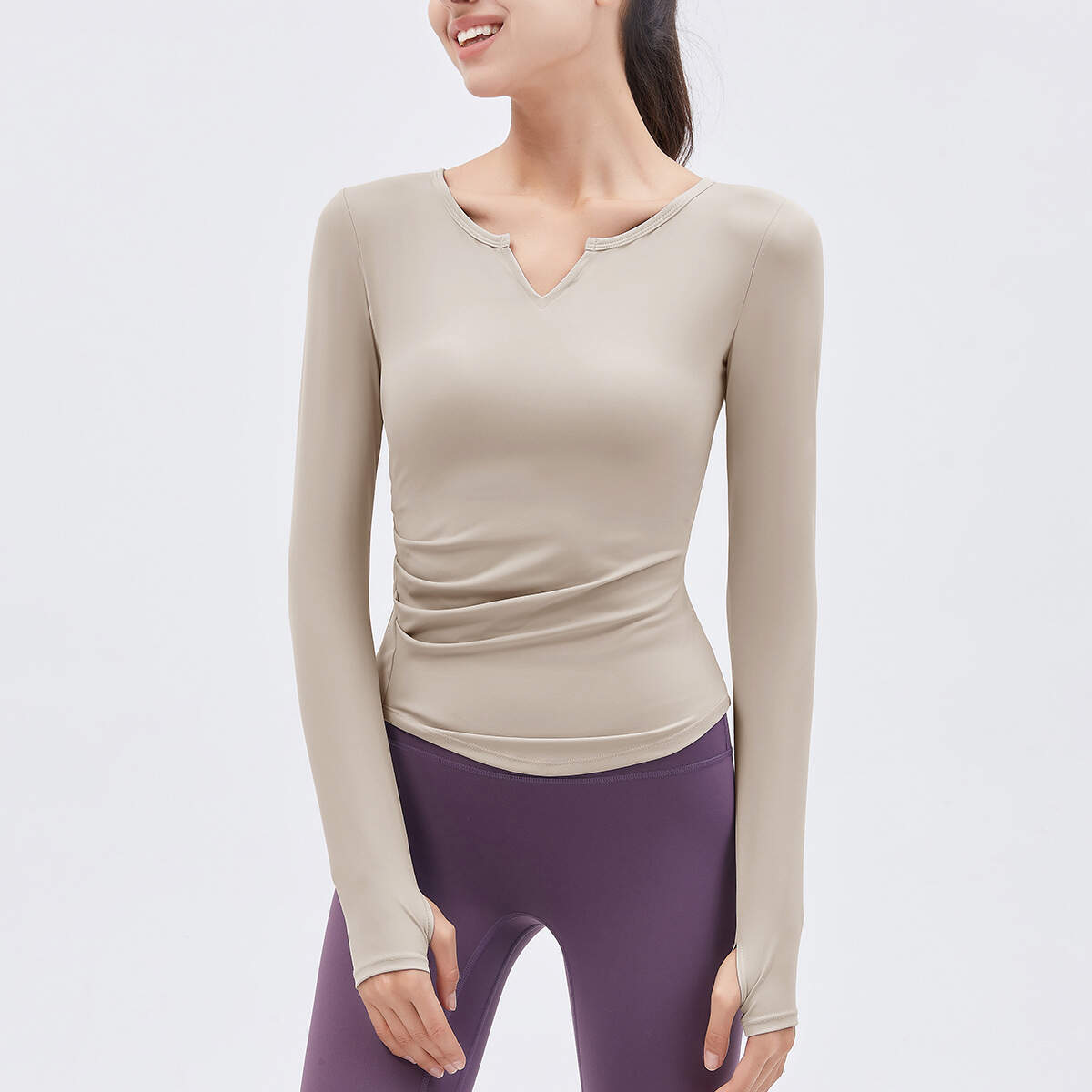 women yoga top long sleeve, V-neck fitness shirt, naked feel workout top, built-in pad yoga shirt, breathable gym tee