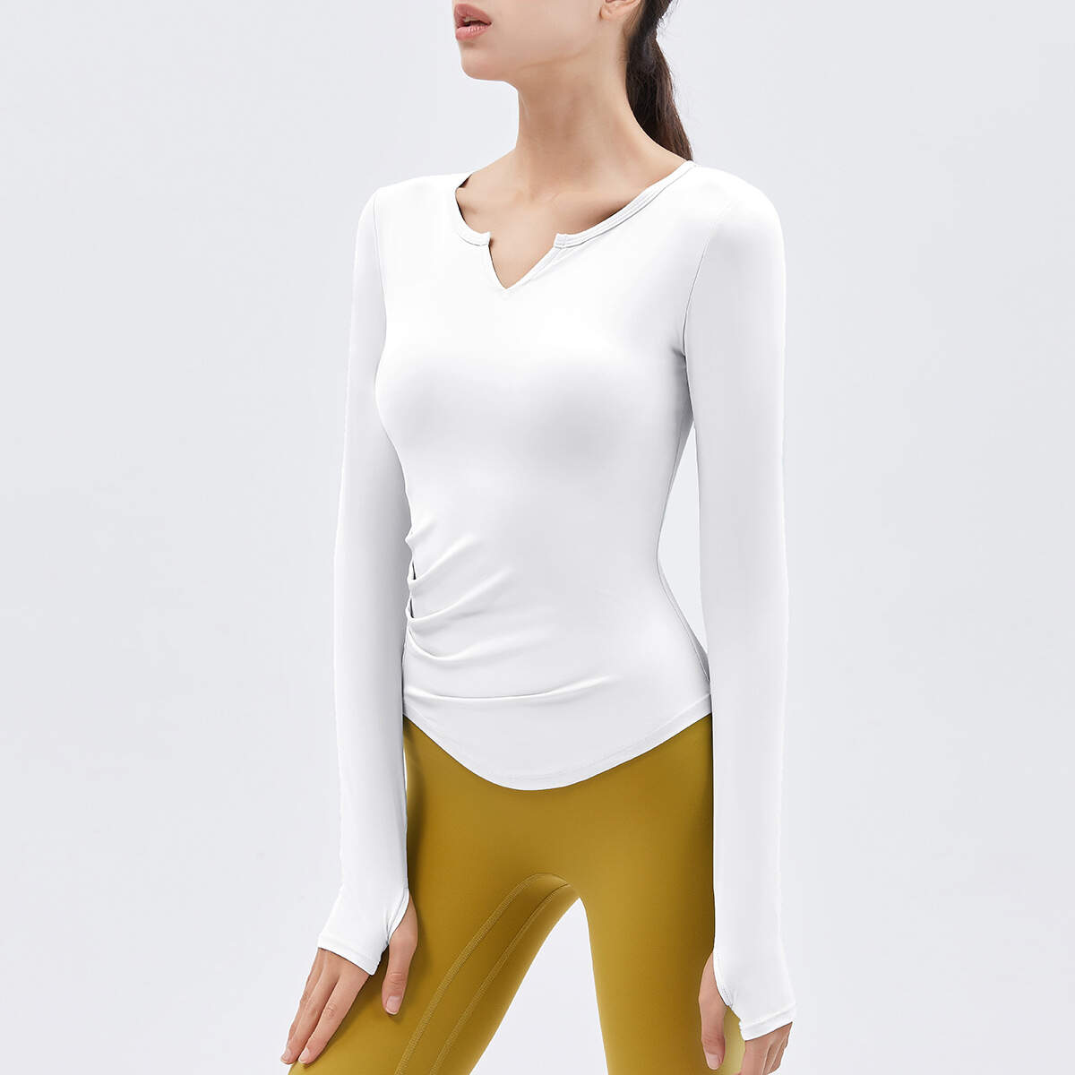 women yoga top long sleeve, V-neck fitness shirt, naked feel workout top, built-in pad yoga shirt, breathable gym tee