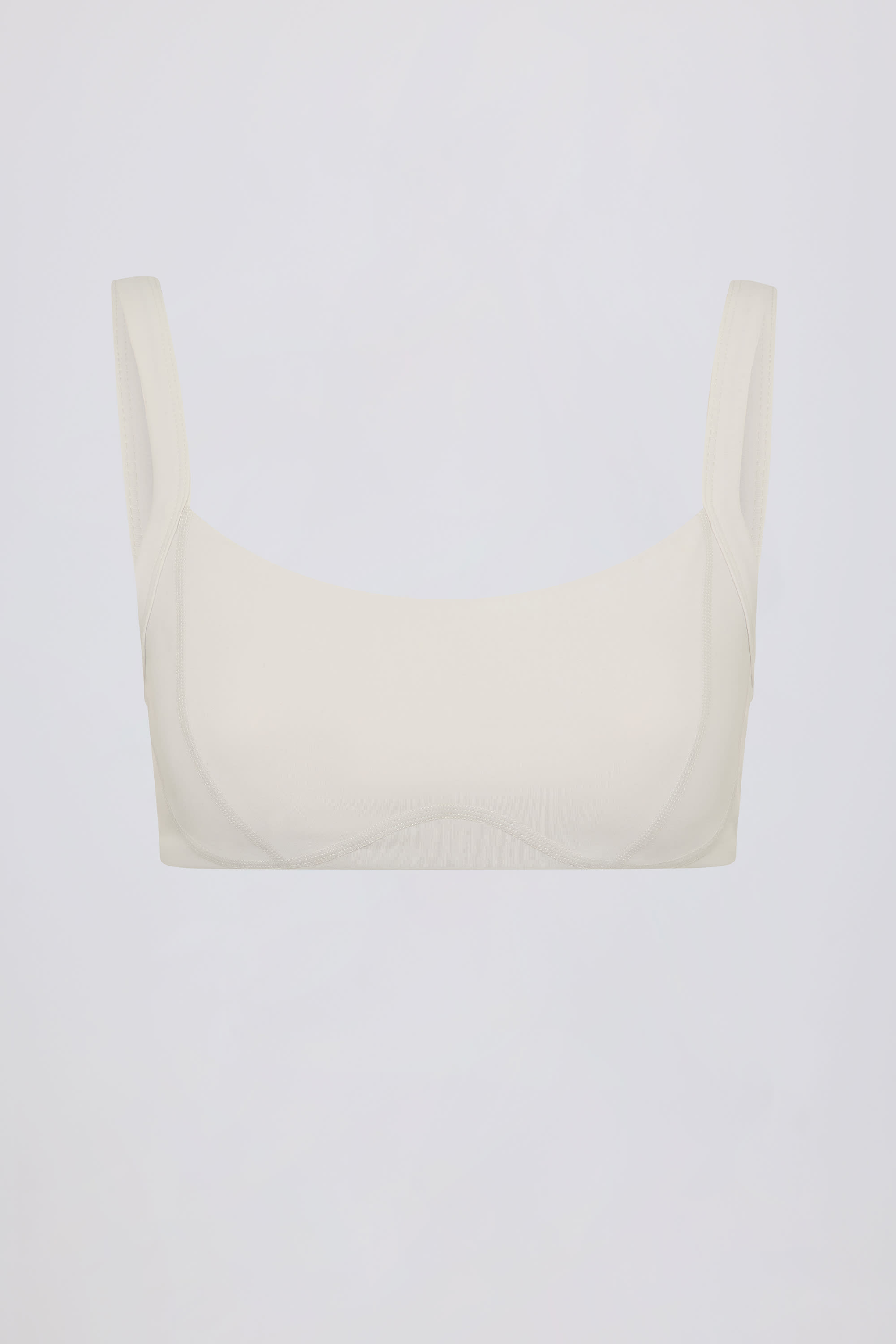 contrast trim sports bra, cream yoga bra top, breathable activewear, soft workout bra, pull-on fitness bralette
