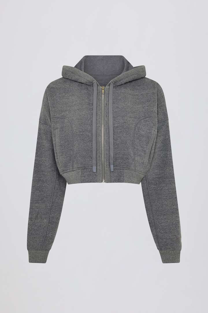 yoga set hoodie, cropped zip-up hoodie, dark grey yoga jacket, women’s yoga outerwear, stretch workout hoodie