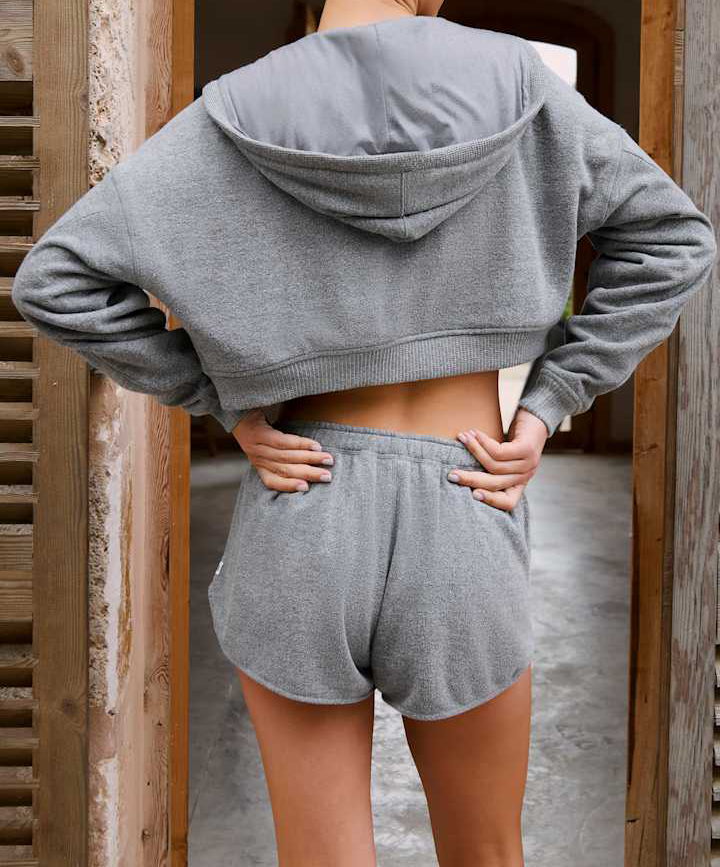yoga set hoodie, cropped zip-up hoodie, dark grey yoga jacket, women’s yoga outerwear, stretch workout hoodie