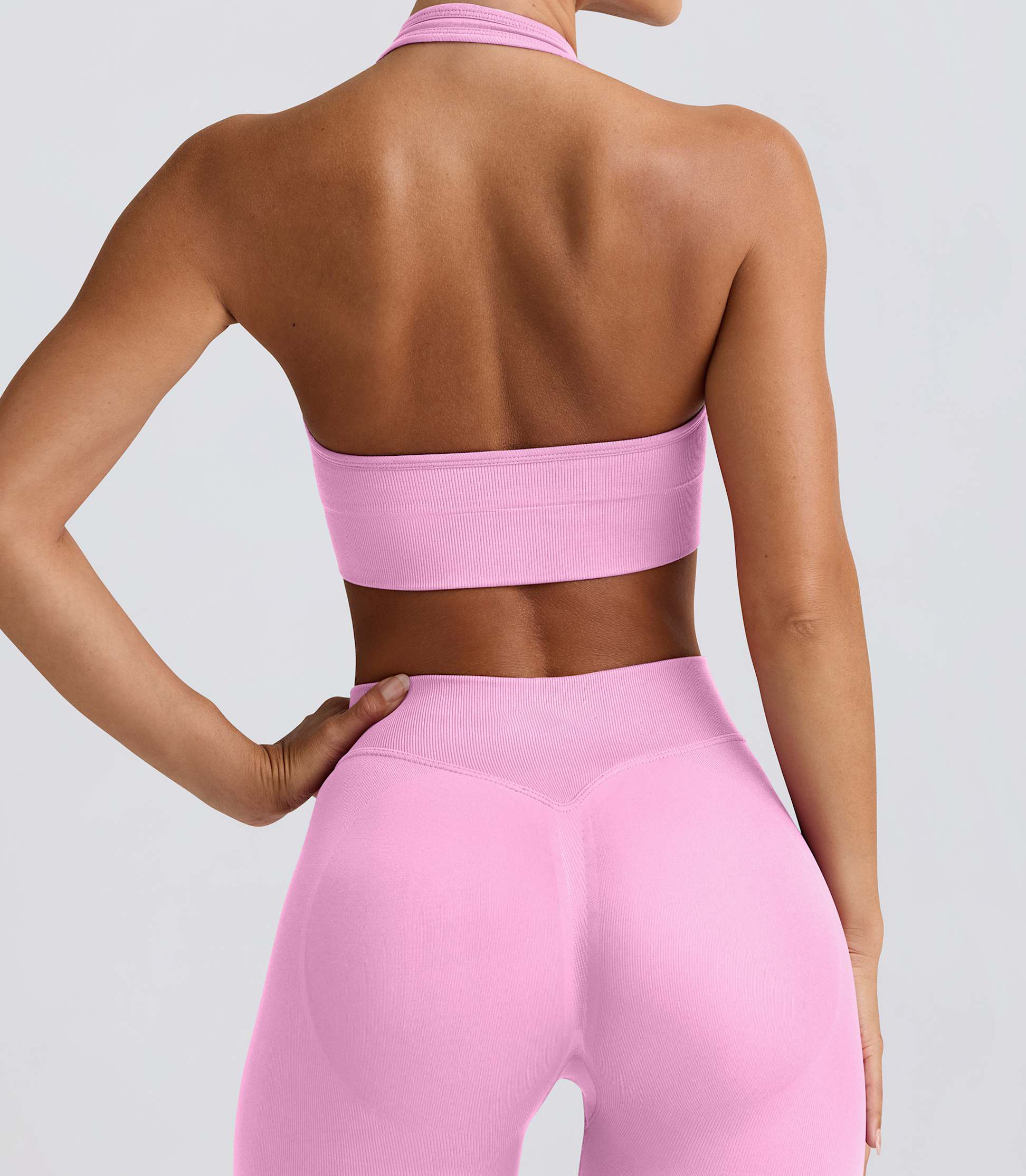 halterneck yoga bra, open back sports bra, rose workout bra, light support fitness top, soft stretch activewear