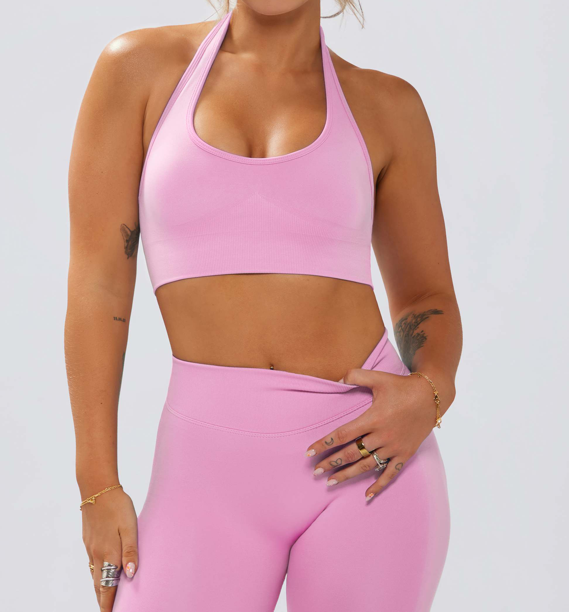 halterneck yoga bra, open back sports bra, rose workout bra, light support fitness top, soft stretch activewear