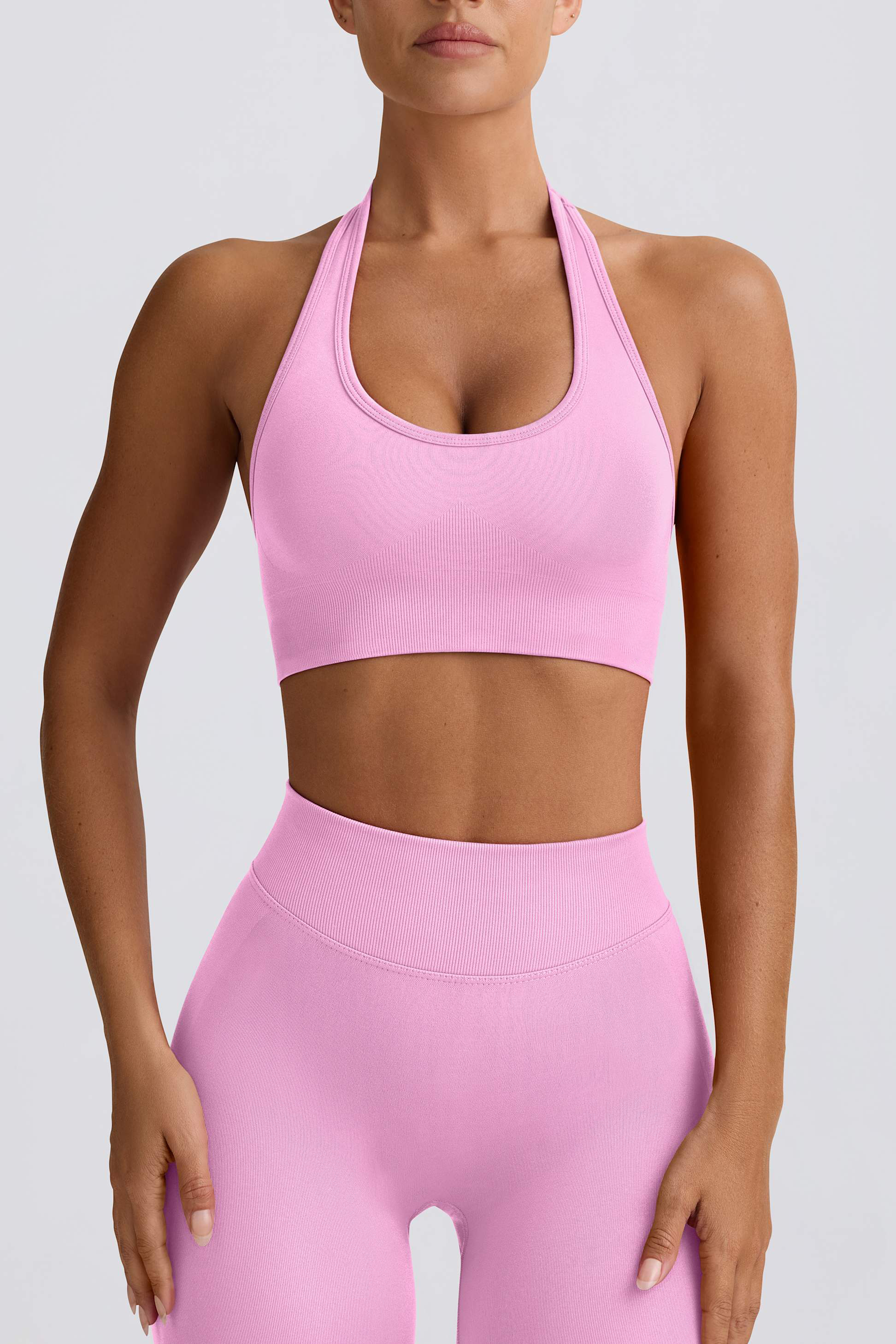 halterneck yoga bra, open back sports bra, rose workout bra, light support fitness top, soft stretch activewear