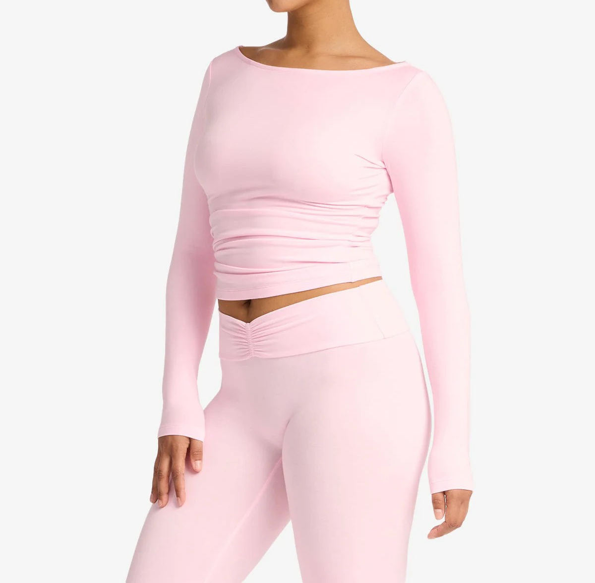 boat neck yoga top, long sleeve lounge shirt, soft french terry top, fitted recovery top, casual yoga wear