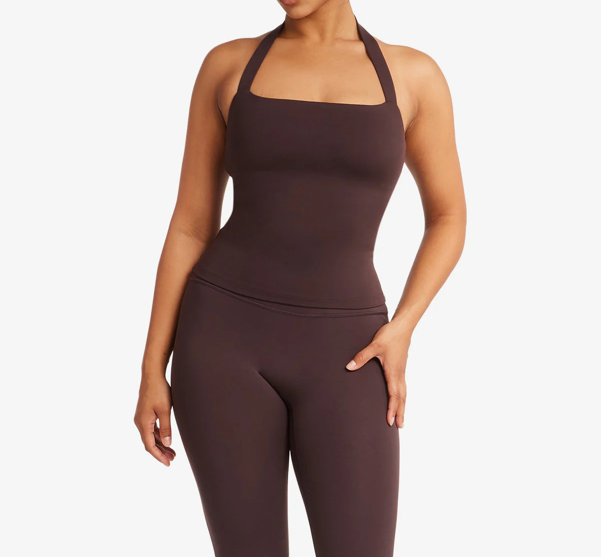 halter neck yoga top, sculpting tank with bra, soft compression activewear, removable padding tank, fitted halter top