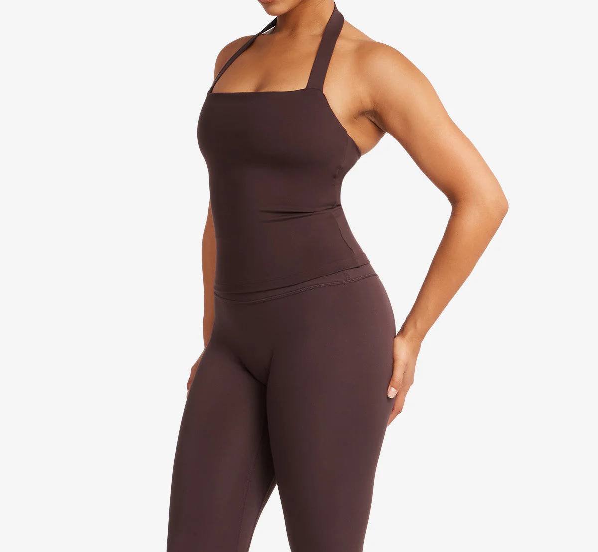 halter neck yoga top, sculpting tank with bra, soft compression activewear, removable padding tank, fitted halter top