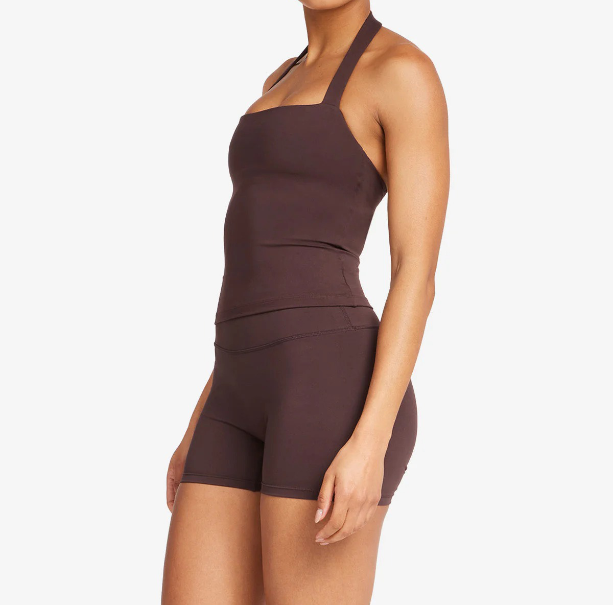 halter neck yoga top, sculpting tank with bra, soft compression activewear, removable padding tank, fitted halter top