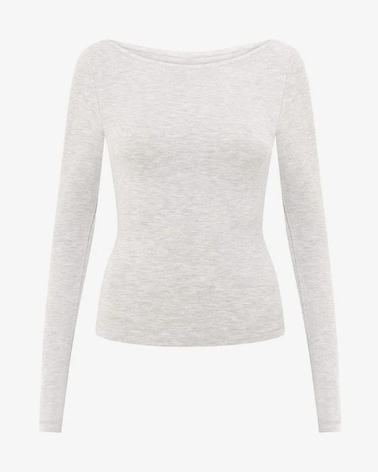 boat neck top, long sleeve lounge shirt, soft French terry tee, casual layering top, brushed inner top