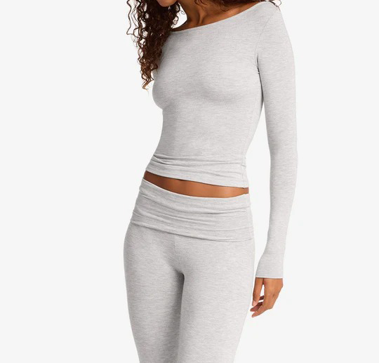 boat neck top, long sleeve lounge shirt, soft French terry tee, casual layering top, brushed inner top