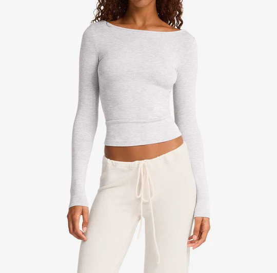 boat neck top, long sleeve lounge shirt, soft French terry tee, casual layering top, brushed inner top