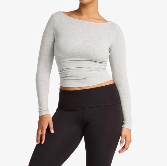 boat neck top, long sleeve lounge shirt, soft French terry tee, casual layering top, brushed inner top