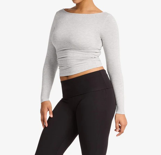 boat neck top, long sleeve lounge shirt, soft French terry tee, casual layering top, brushed inner top