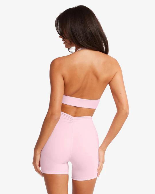 halter yoga top, gathered crop top, open back tank, low support activewear, women workout top