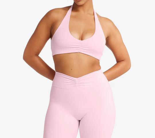 halter yoga top, gathered crop top, open back tank, low support activewear, women workout top