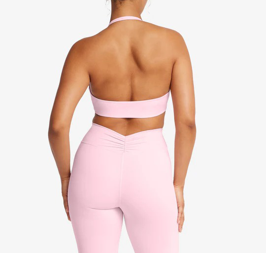 halter yoga top, gathered crop top, open back tank, low support activewear, women workout top