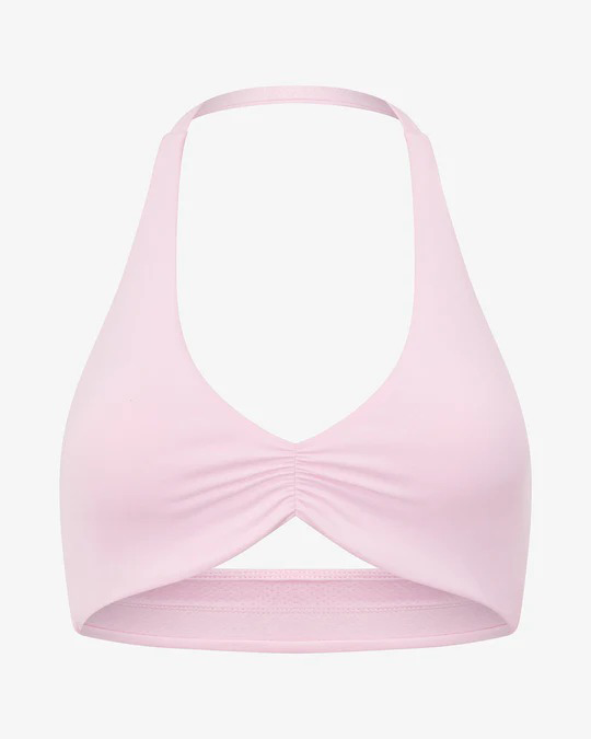 halter yoga top, gathered crop top, open back tank, low support activewear, women workout top