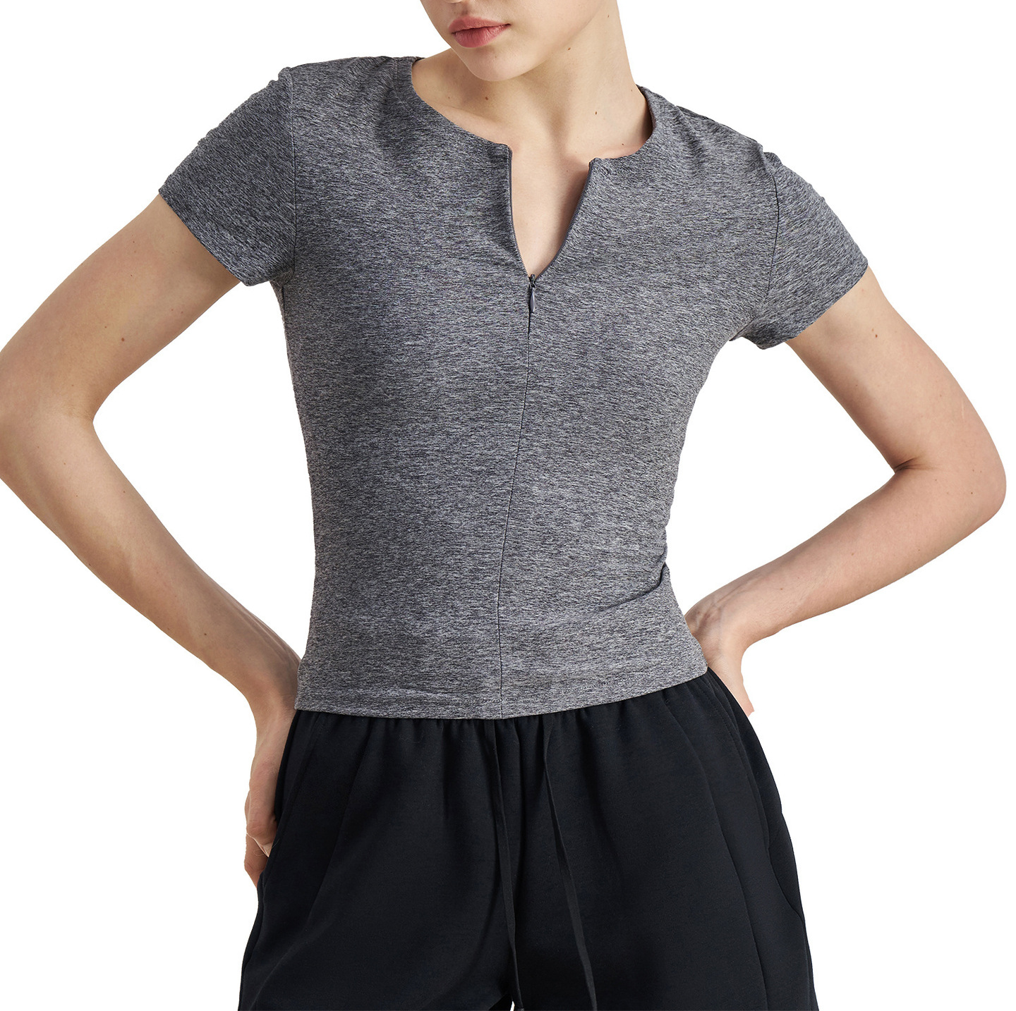 fitted workout t-shirt, yoga top women, waist slimming shirt, crew neck activewear, gym base layer
