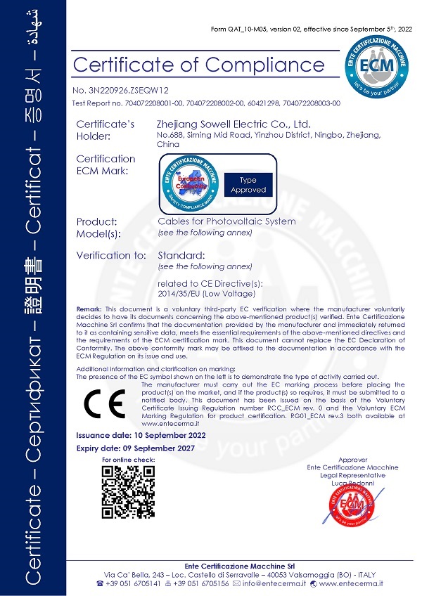 SOWELLSOLAR PV Cables Achieve CE Certification under EU Low Voltage Directive 2014/35/EU