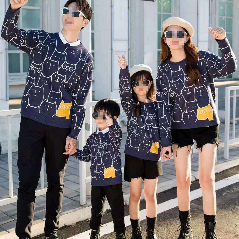 Family Matching Crewneck Sweater Long Sleeves Anime Cartoon Letters Jacquard Knitwear