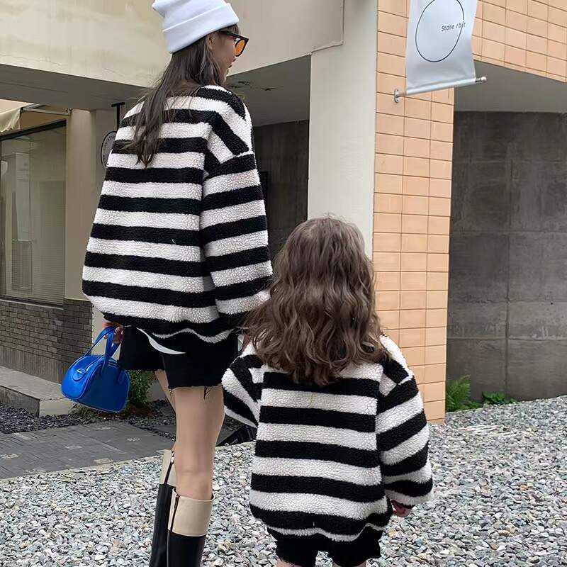 Family Matching Sweater Coat Stripes Anime Cartoon Patterns Jacquard Knitwear