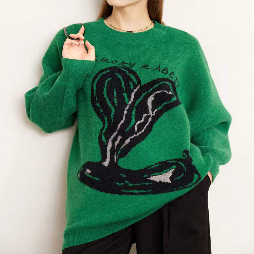 Women Plus Size Pullover Sweater Knitted Jacquard  Animal Letters Printed Tops