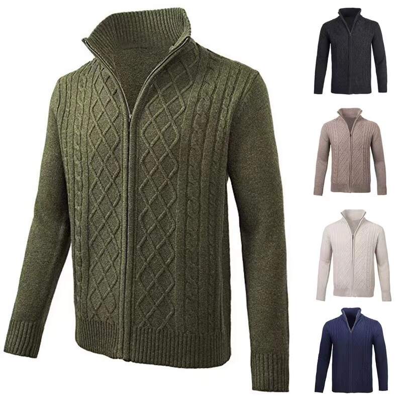 Men Autumn Winter  Long Sleeves Coat Twisted Knited Cardigan Wool Full Zip  Knitwear