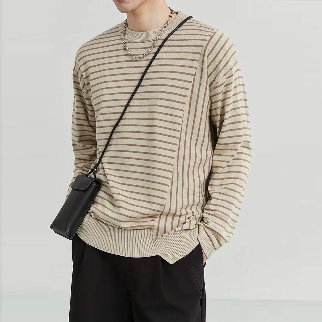 Thin Breathable Knitwear, Cotton Casual Knitwear Spring, Men Spring Summer Crewneck Short Sleeves, Stripes Contrast Color Knitwear, Cotton Thin Sweater