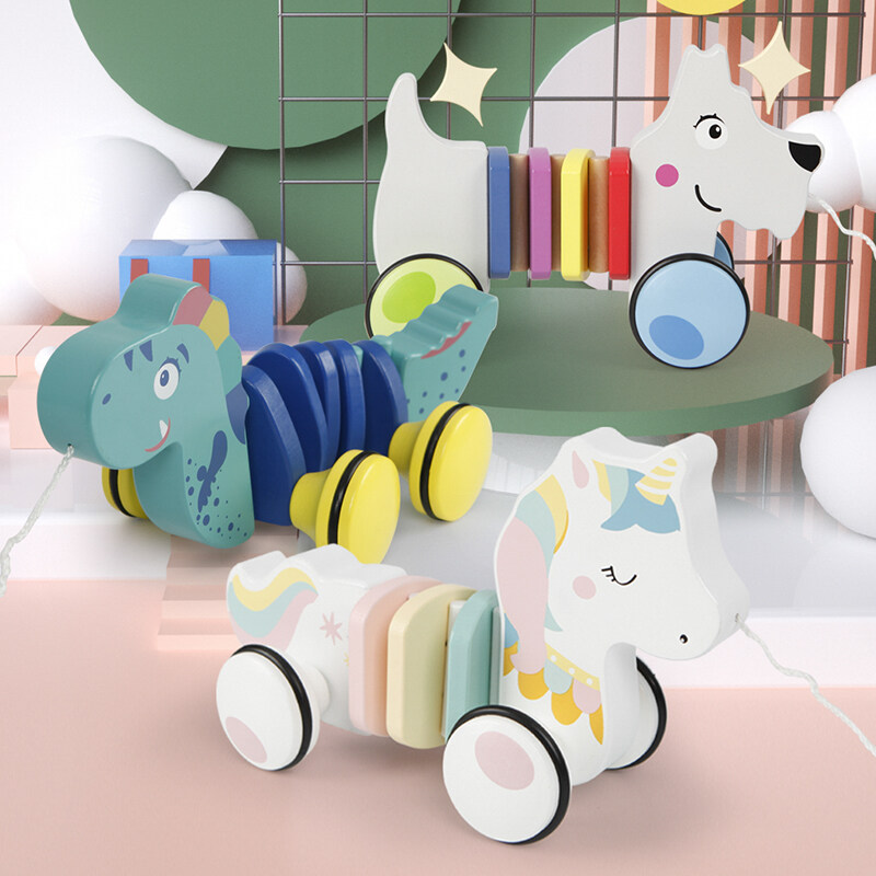 New Pull Along Cartoon Animal Dog Dinosaur and Unicorn Pull Cart Early Educational Learning Wooden Toys for Toddlers