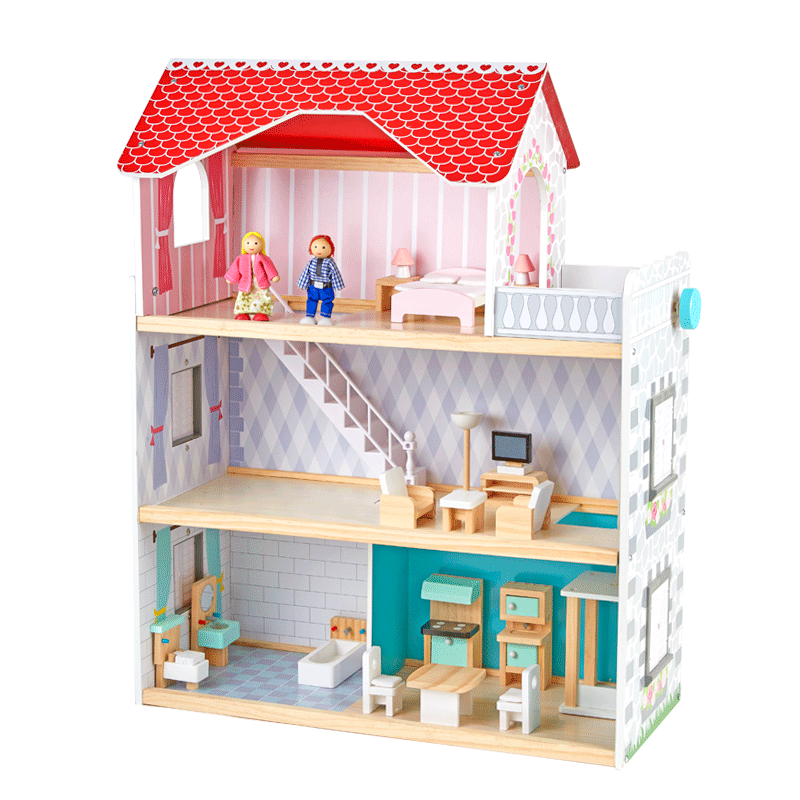Large Doll House 3 Floors Big Wooden Kids Pretend Role Play Wooden Baby Doll House Furniture Toddler Toys with Accessories