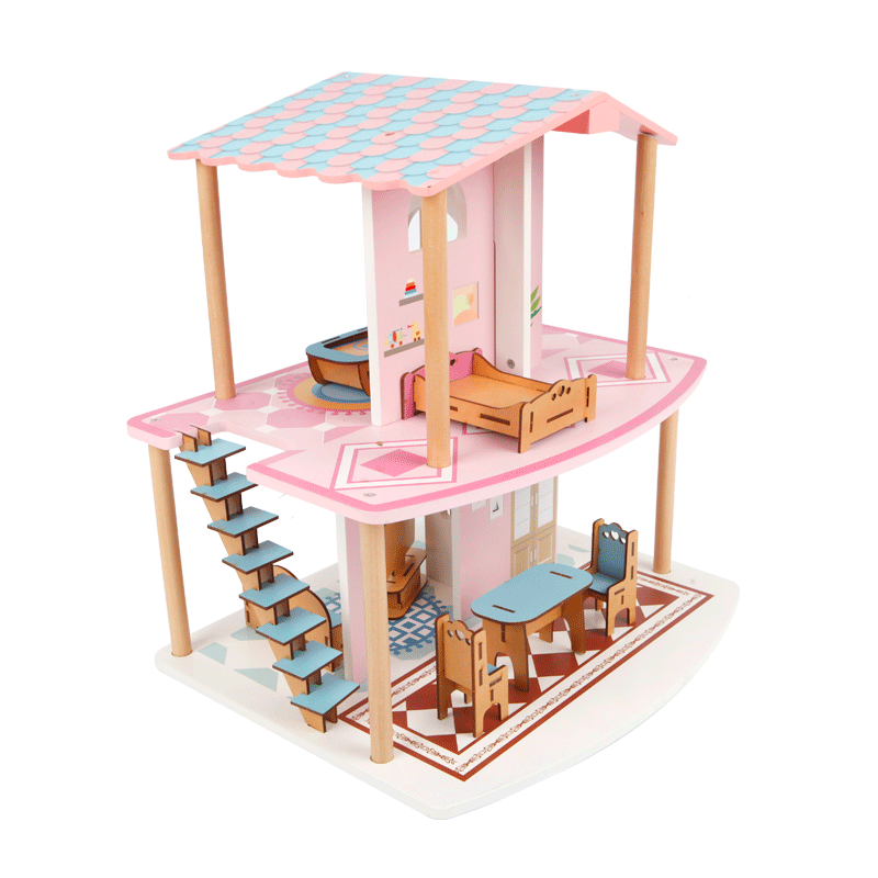 Classic Small Dream Pink Doll House Pretend Toy DIY Assembly Wooden Kids Doll House with Furniture toys for girls