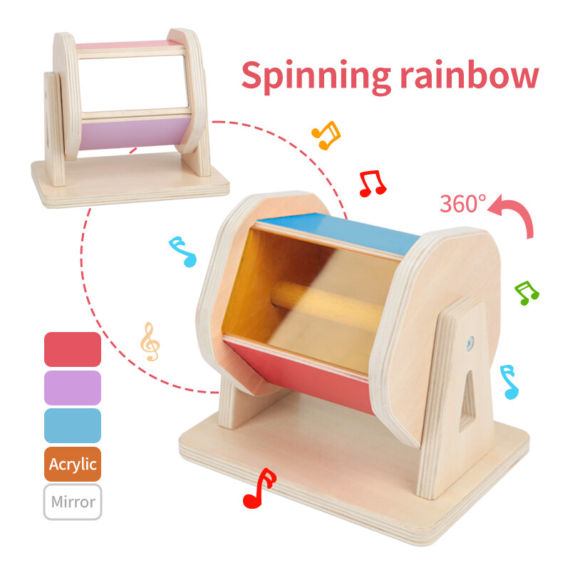 Montessori Spinning Mirror and Acrylic sheet Musical Early Teaching Aids Wooden Rainbow Colors Baby Toys Rainbow Drum With Bell