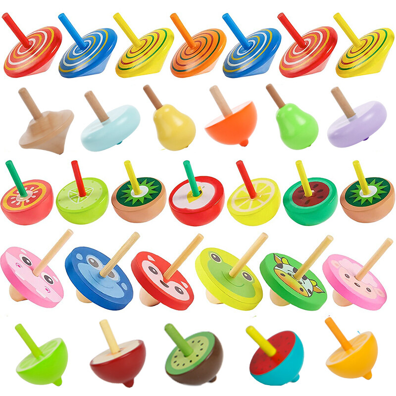 Popular New Product Ideas Solid Wood Colourful fruit sugar Educational Wooden Classic Spinning Tops Toys for Kids