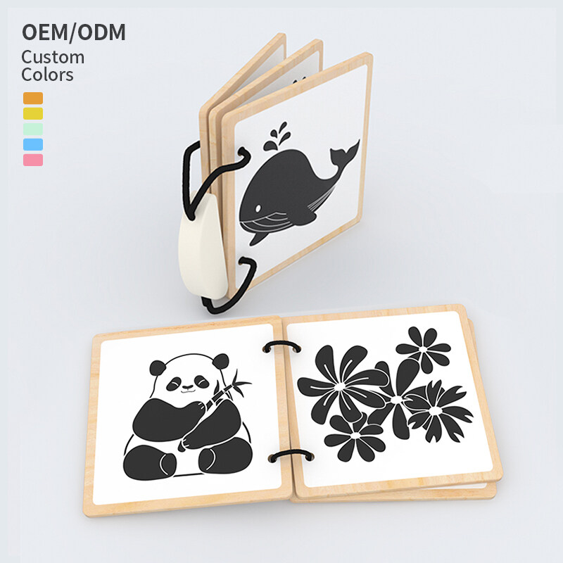 Montessori Black White baby touch and feel journal visual stimulation Wooden busy baby first year memory bath books for cards