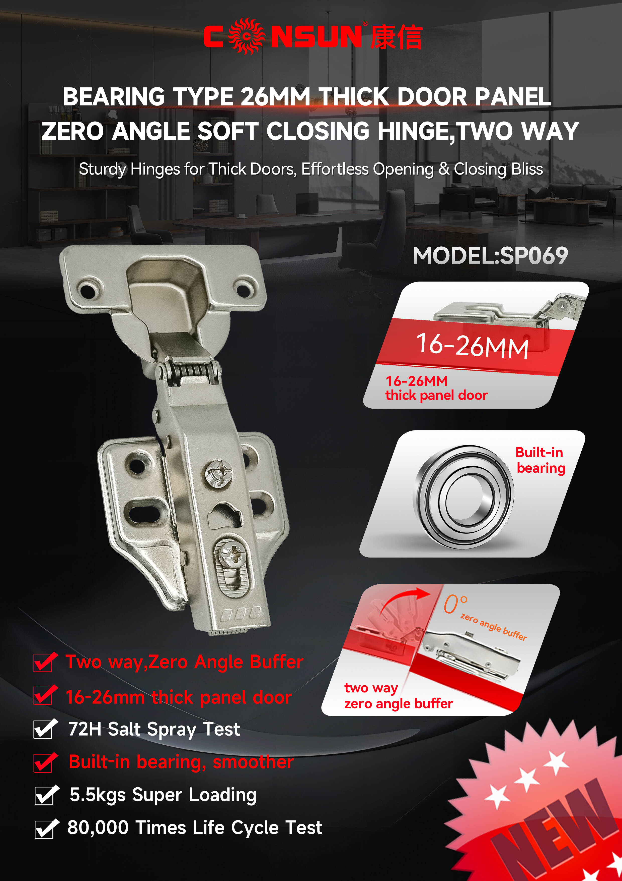 Bearing type 26MM thick door panel two-stage force zero angle buffer hinge