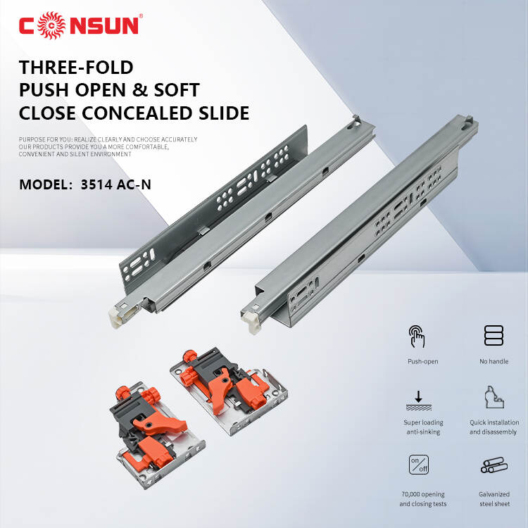 3-fold push open & soft close concealed slide