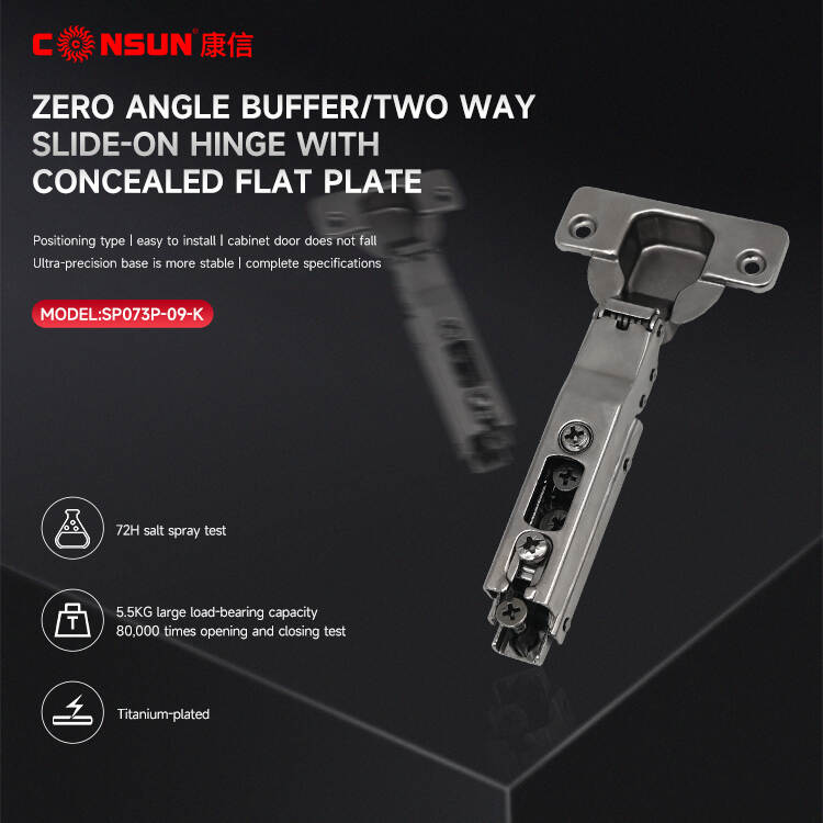 Zero angle buffer/two way slide-on hinge with concealed flat plate