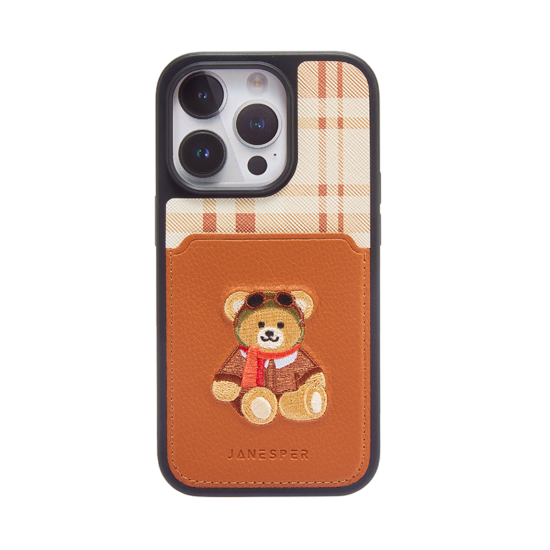 Korean cute cartoon embroidery little bear pocket style phone case for iphone 15 14 13 12 pro max plus