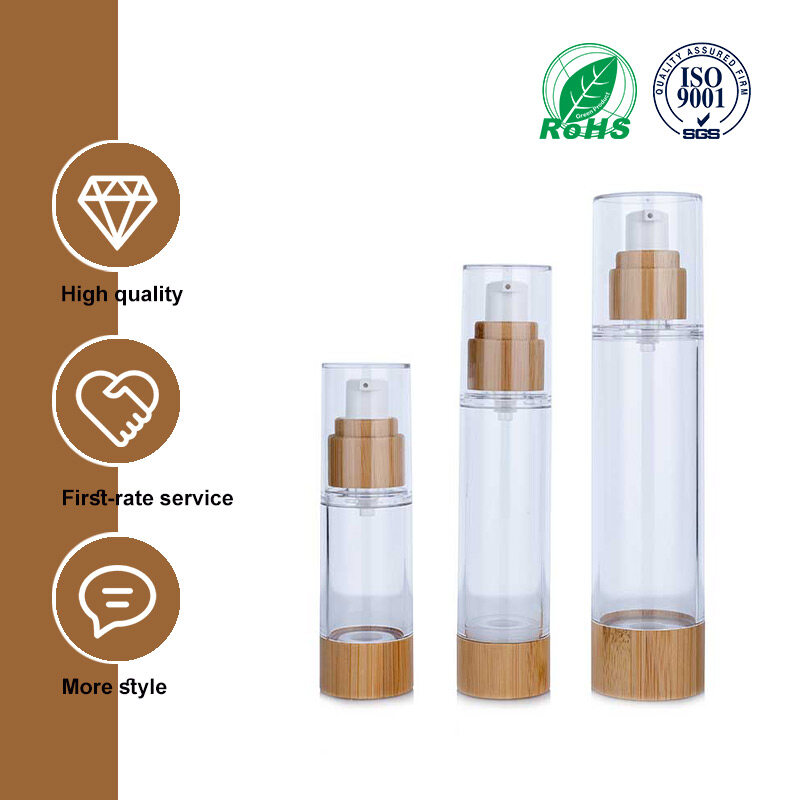 Bamboo Wood Transparent Plastic Vacuum Bottle For Lotion Filling of elegant design