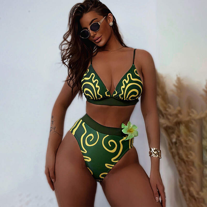 New Sexy Backless Halter Sexy Bikini Hard Cup High Waist Swimwear Beachwear Two Piece Printed Swimsuit