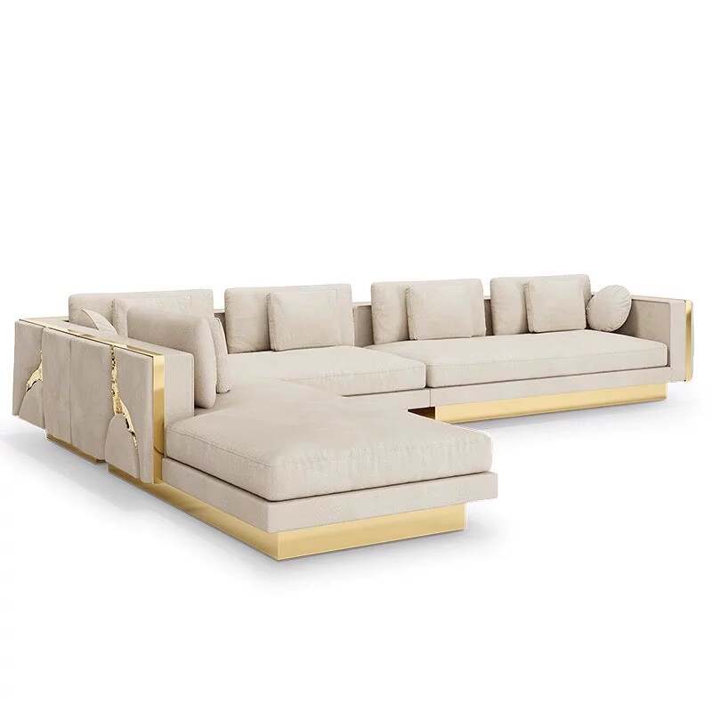 Luxury Italian L Shape Sofa Modular Living Room Villa Sectional Solid Wood Corner Led Light Sofa Sets