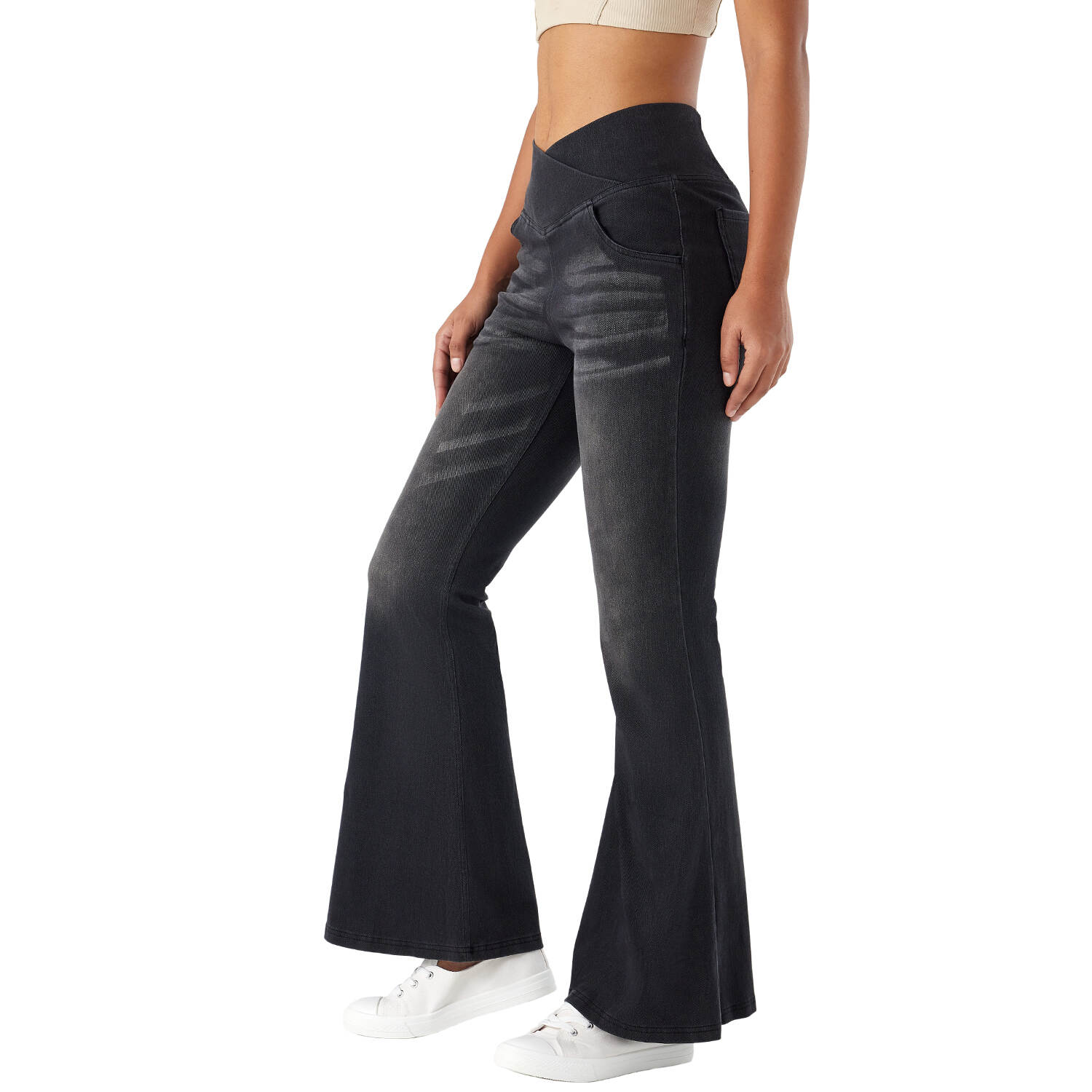 High Waisted Crossover Pocket Washed Stretchy Knit Casual Flare Jeans