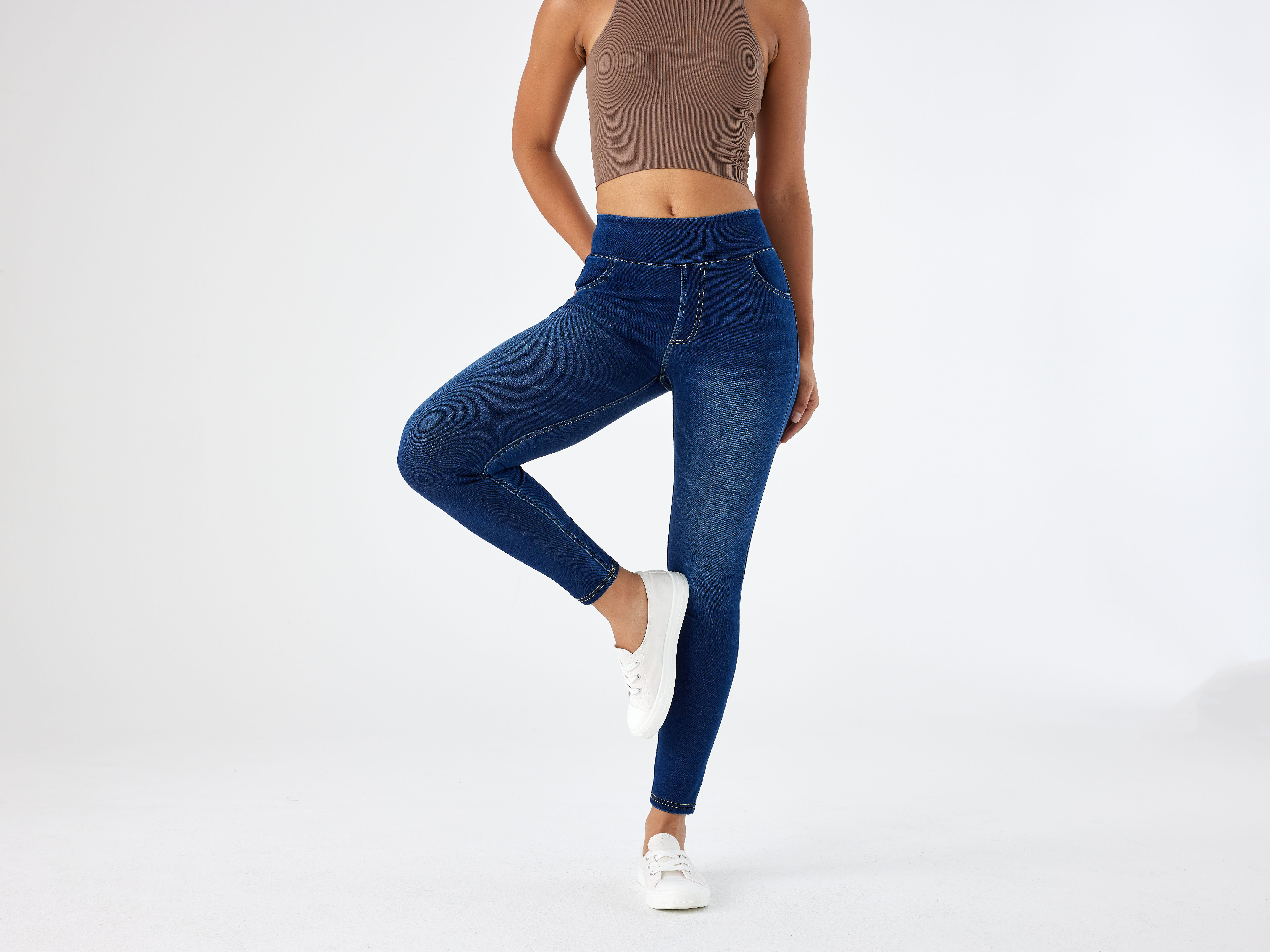 High Waisted Back Side Pocket Stretchy Knit Denim Capri Casual Leggings