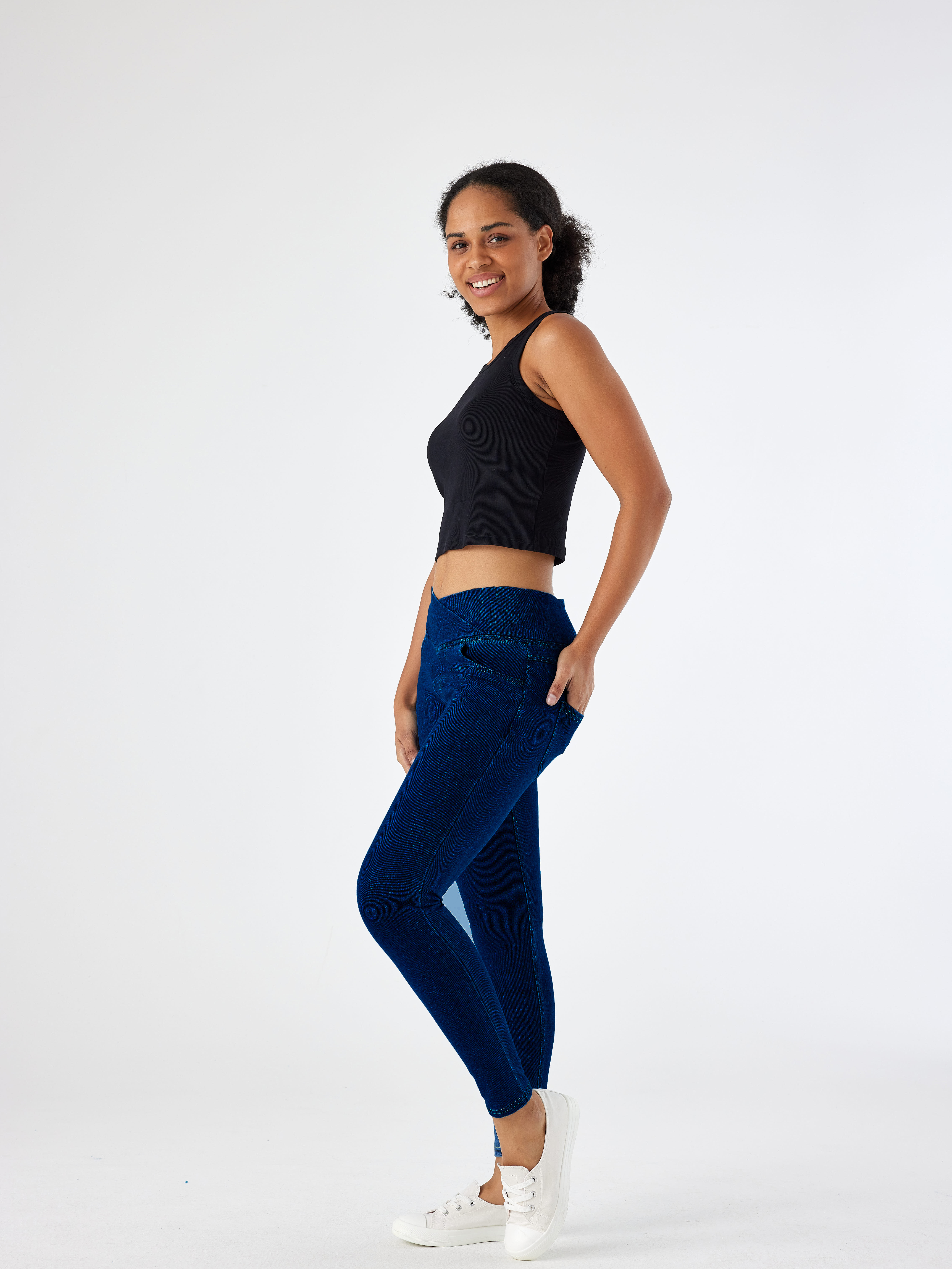 High Waisted Crossover Multiple Pockets Stretchy Knit Denim Work Leggings