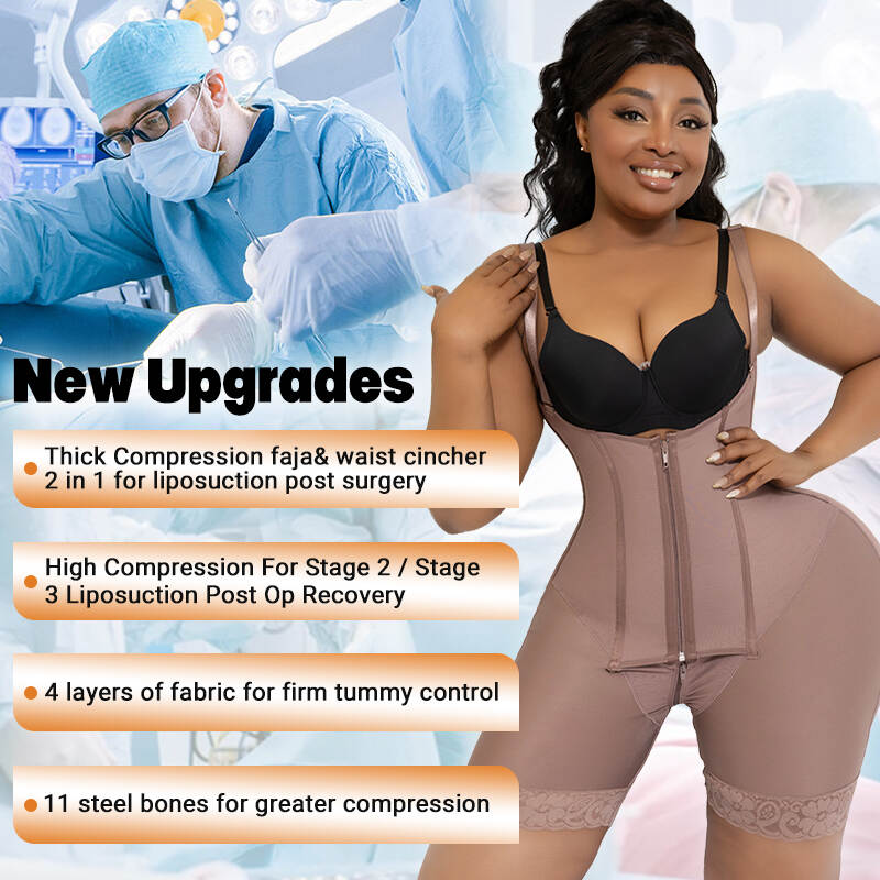 Brown post-lipo shapewear, 4-layer compression garment, steel boning faja OEM
